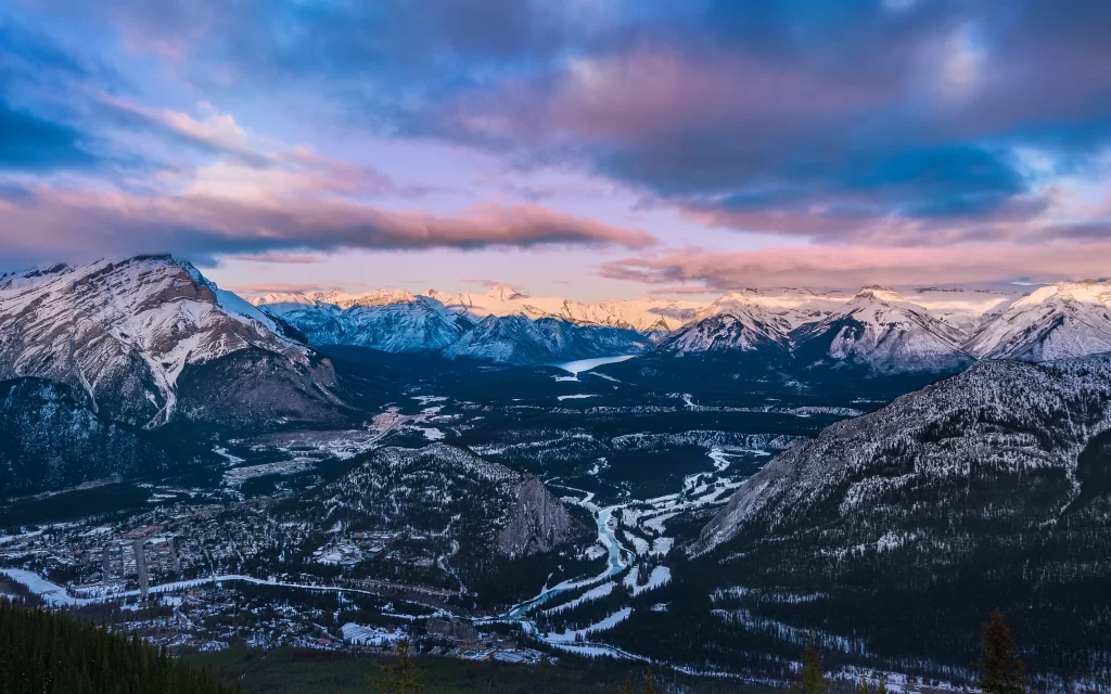 Snowy Mountains River Valley Sunset Clouds