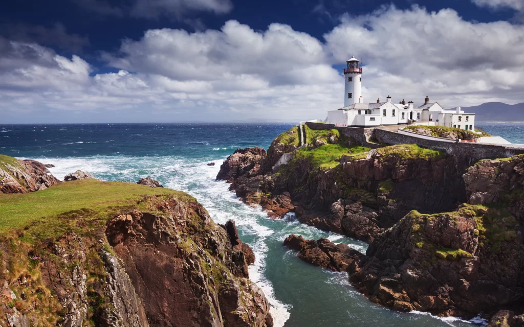 Lighthouse Rocky Coastline Ocean Waves Cloudy Sky
