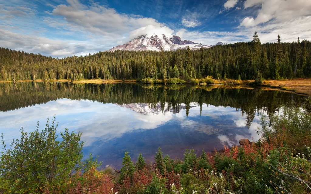 Mountain Lake Reflection Forest Clouds