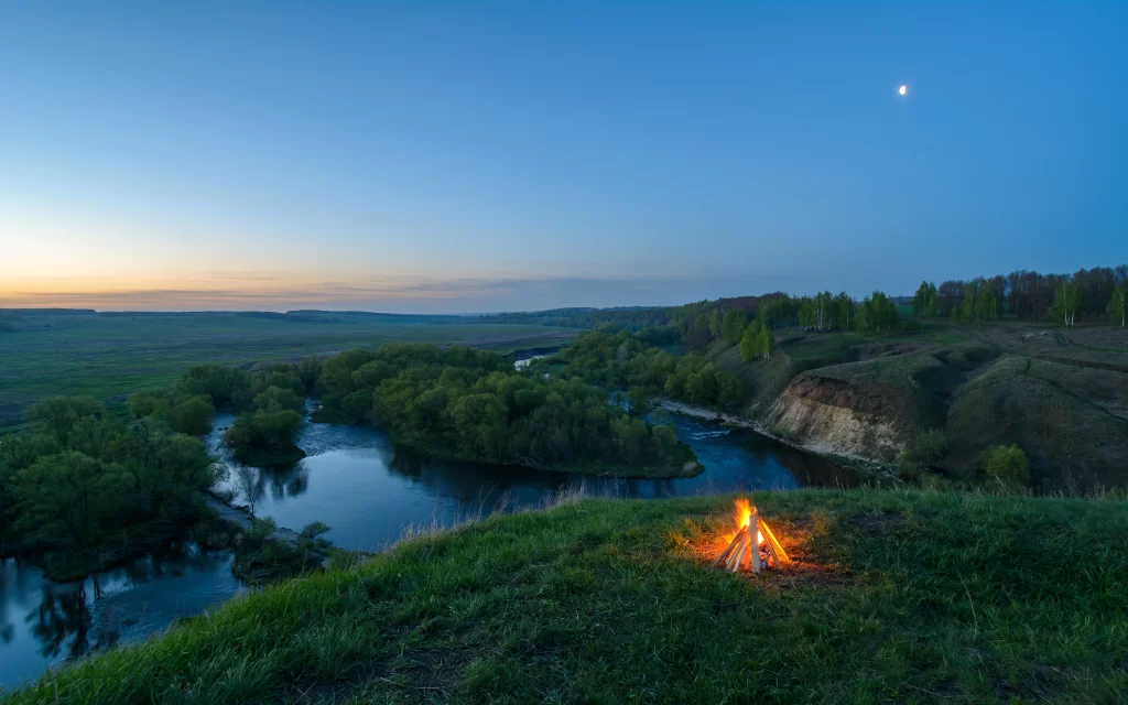 Twilight River Campfire Trees Hills
