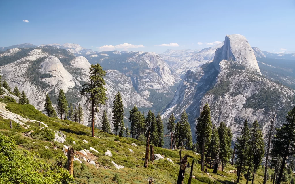 Mountainous Landscape Granite Peaks Evergreen Trees Valley Clear Sky