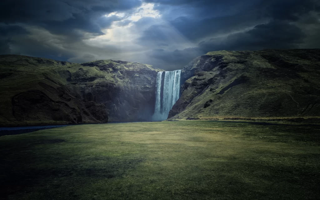 Waterfall Majestic Landscape Dramatic Sky Sunlight Nature