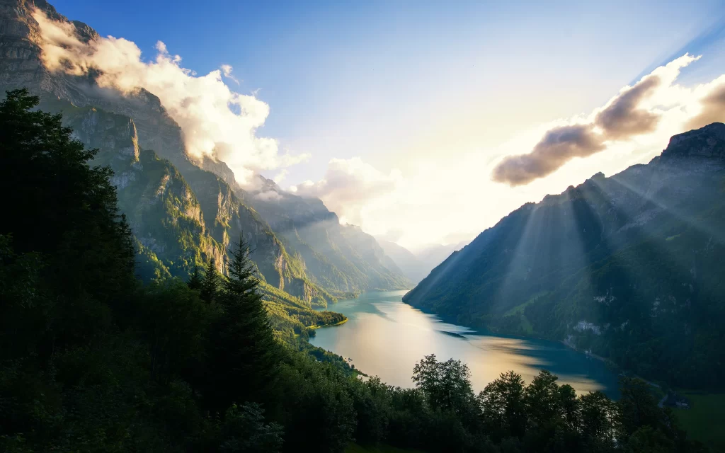 Sunlight Mountain Lake Clouds Forest