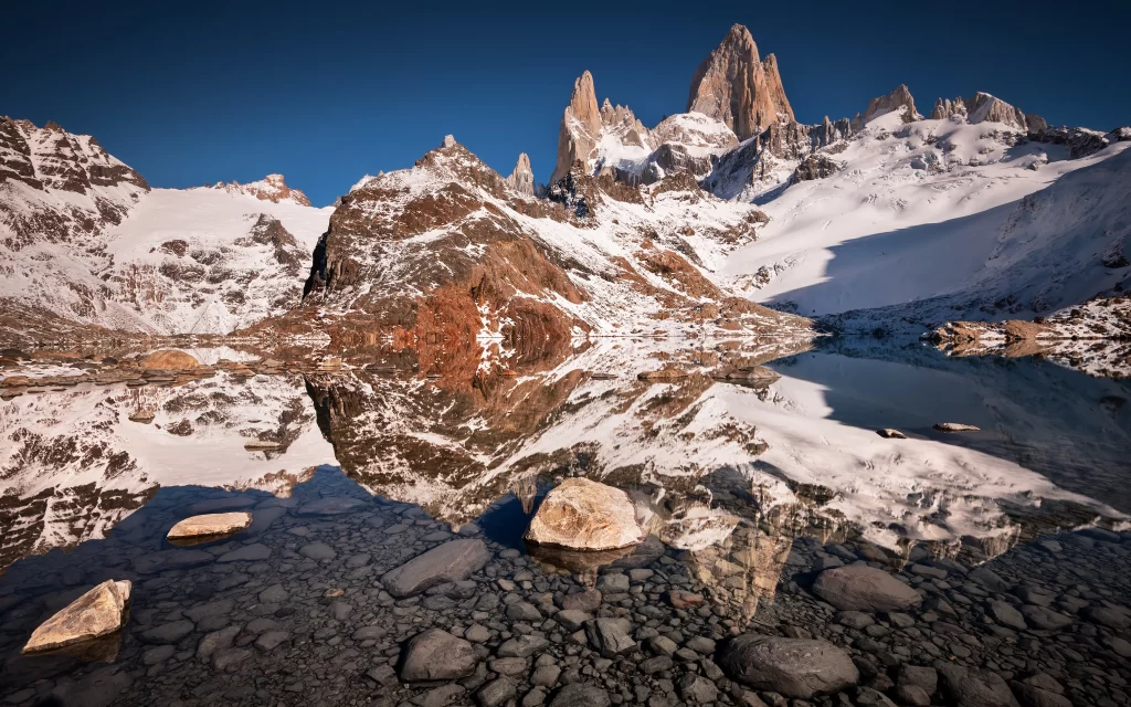 Snowy Peaks Clear Reflections Tranquil Lake Rocky Terrain