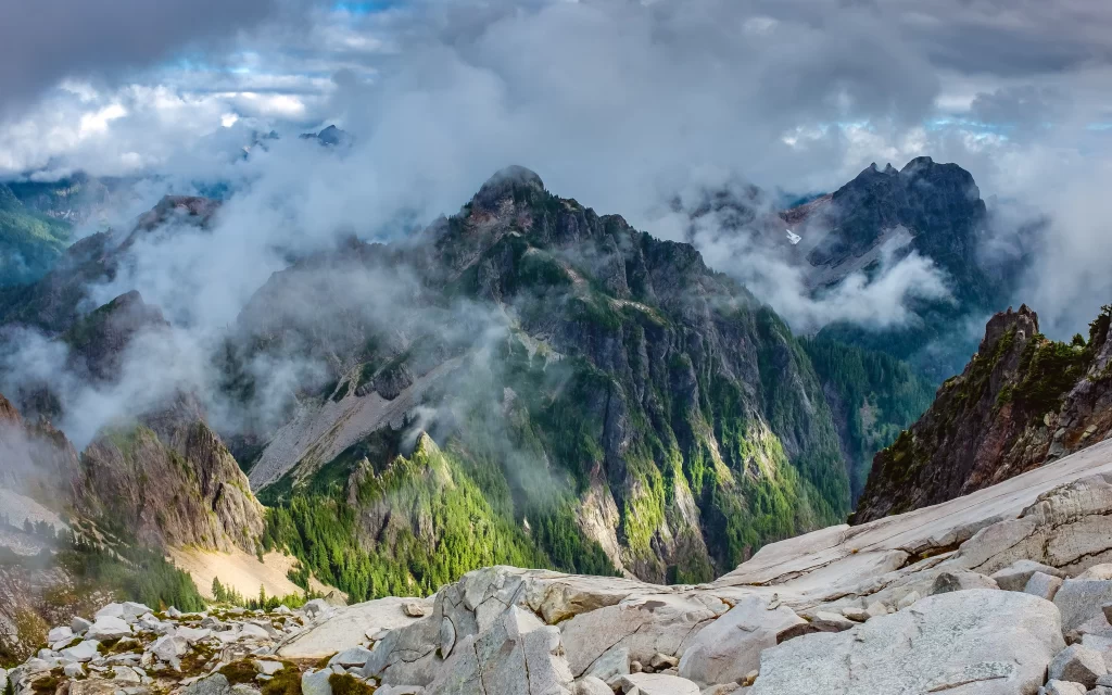 Mountain Peaks Clouds Forest Rocky Terrain Majestic