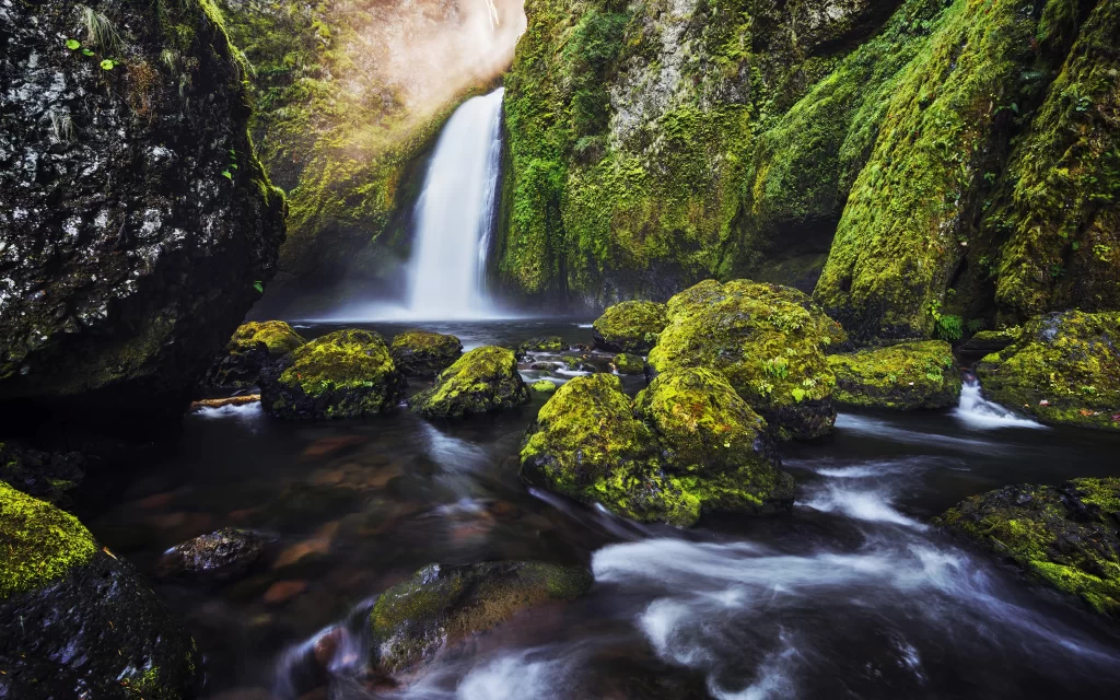 Waterfall Mossy Rocks Flowing Water Greenery Nature