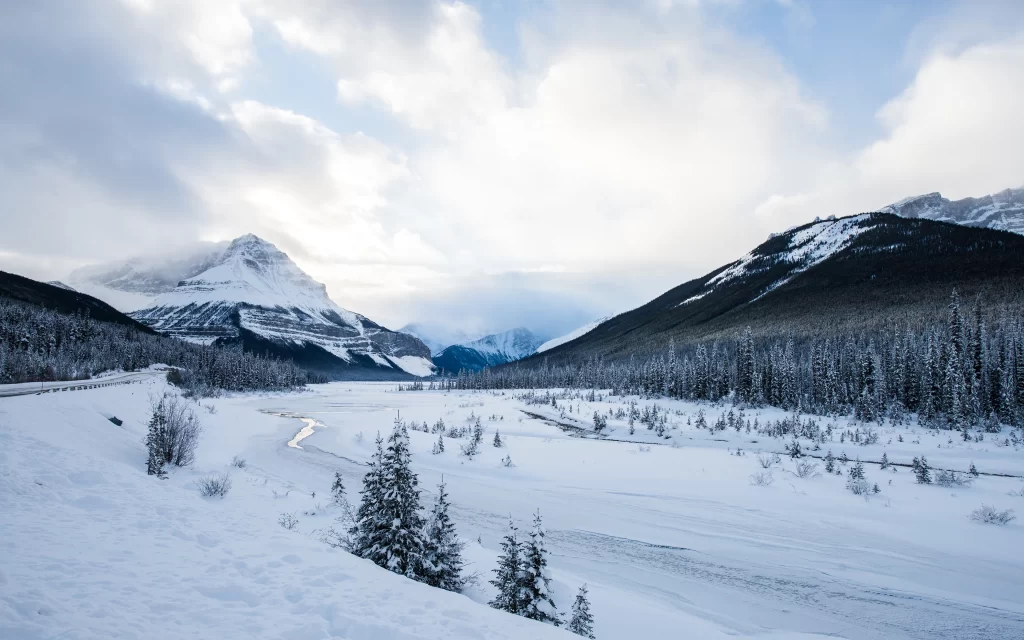 Snowy Mountains Winter Landscape Frozen River Pine Trees