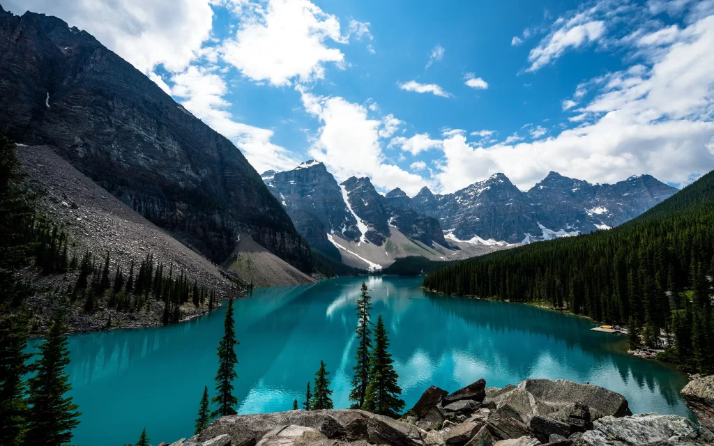 Mountain Lake Clear Water Blue Sky Clouds Forest