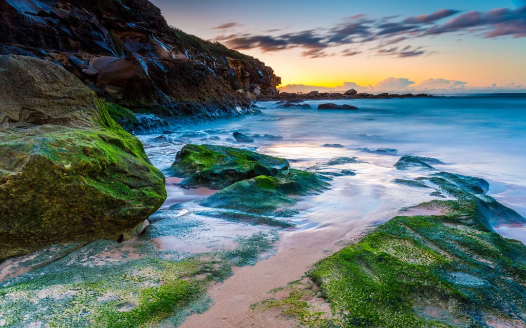 Sunset Ocean Rocks Waves Horizon