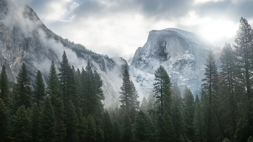 Mountainous Landscape Misty Peaks Evergreen Trees Snowy Peaks Cloudy Sky