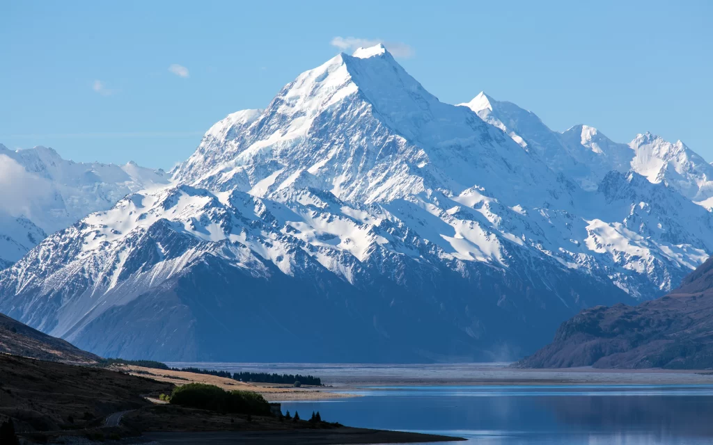 Snowy Peaks Clear Sky Tranquil Lake Majestic Mountains