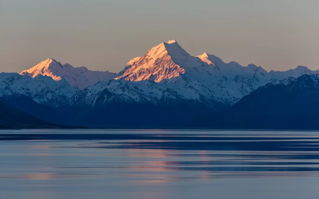 Sunset Snowy Mountains Lake Reflections Tranquil