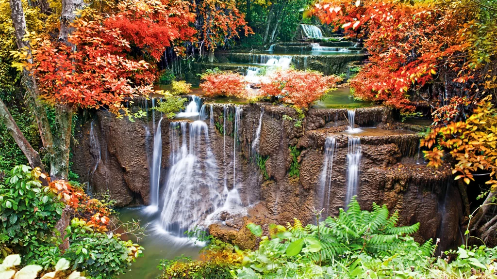 waterfall autumn leaves nature serene vibrant tranquil