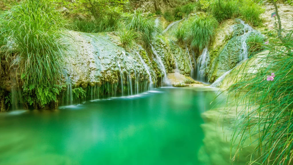 waterfall greenery nature serene tranquil lush