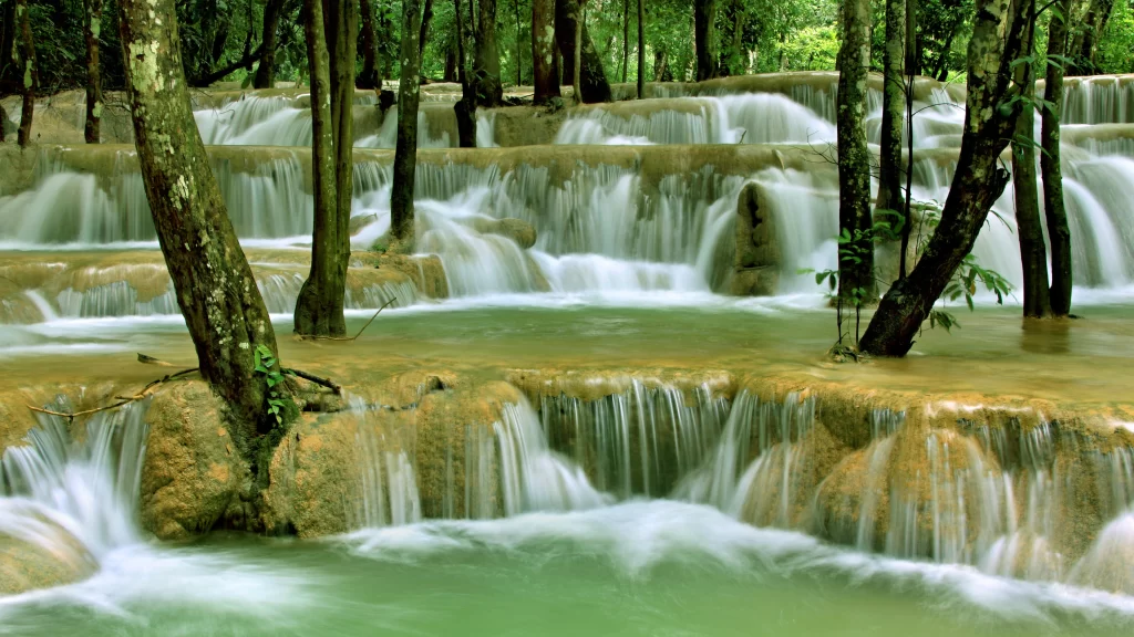 waterfall nature green trees serene flowing