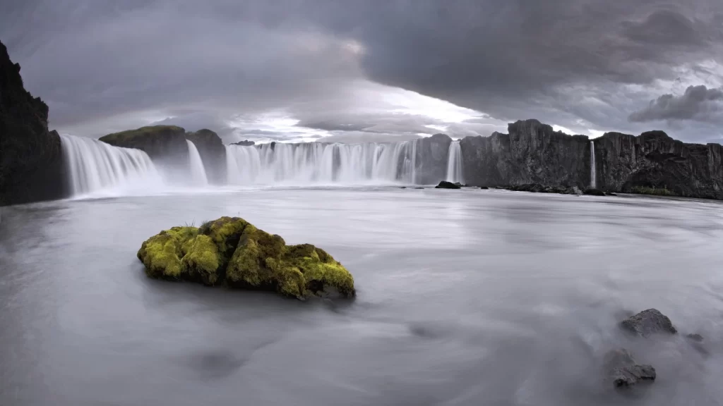 waterfall nature landscape clouds moss rock river serene