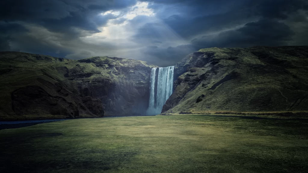 waterfall nature landscape sky clouds sunlight