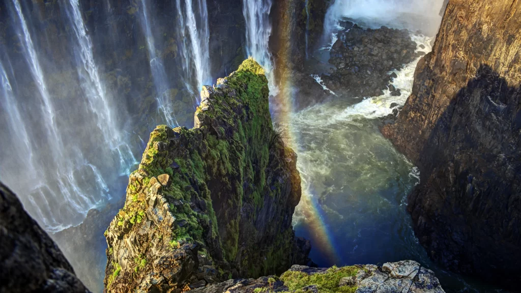 waterfall rock moss river rainbow nature