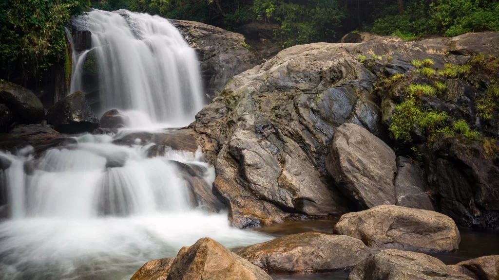 waterfall rocks nature greenery serene landscape