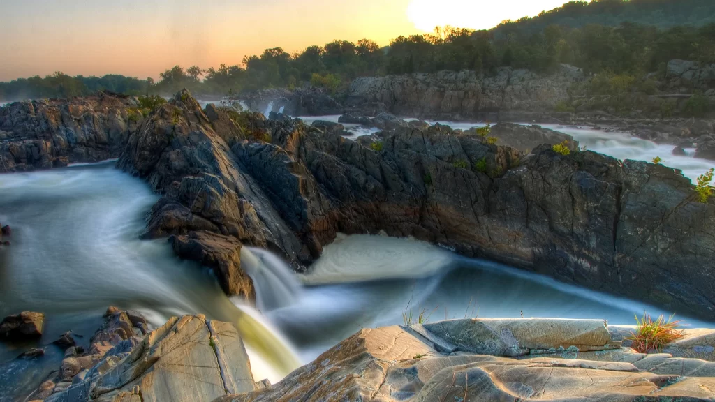 waterfall rocks river nature landscape sunset