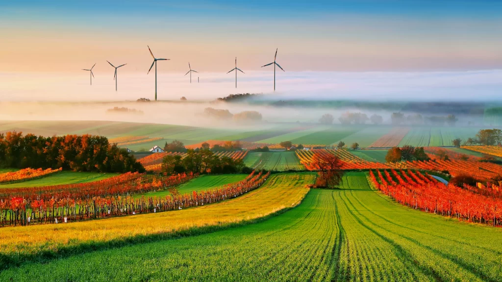 wind turbines fields sunrise mist autumn landscape agriculture renewable energy