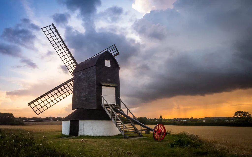 windmill sunset clouds rural landscape stairs