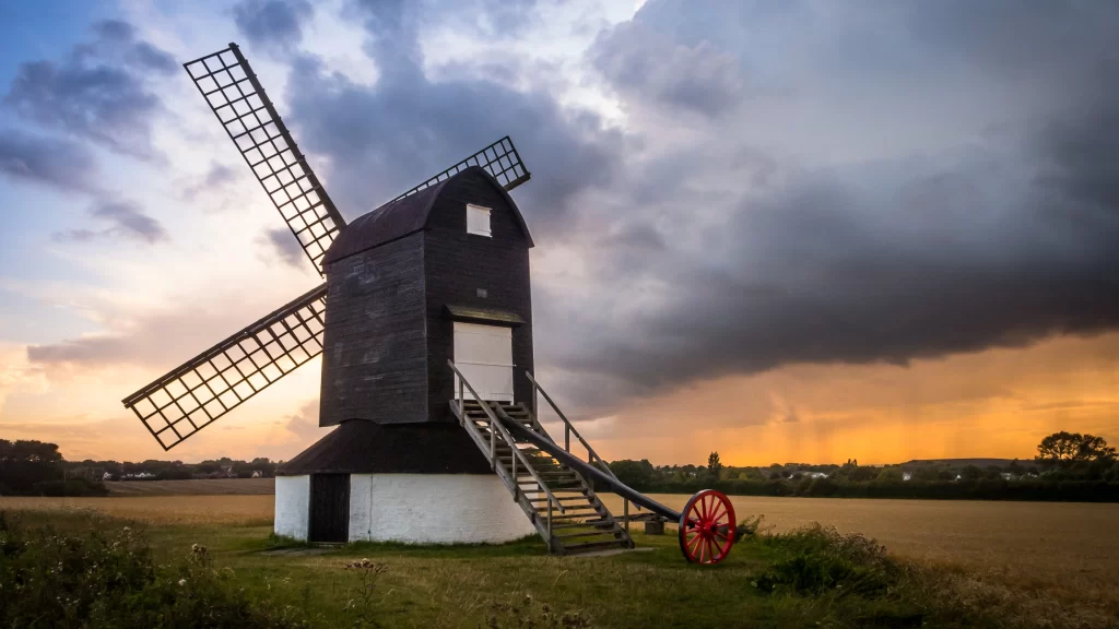windmill sunset clouds rural landscape stairs