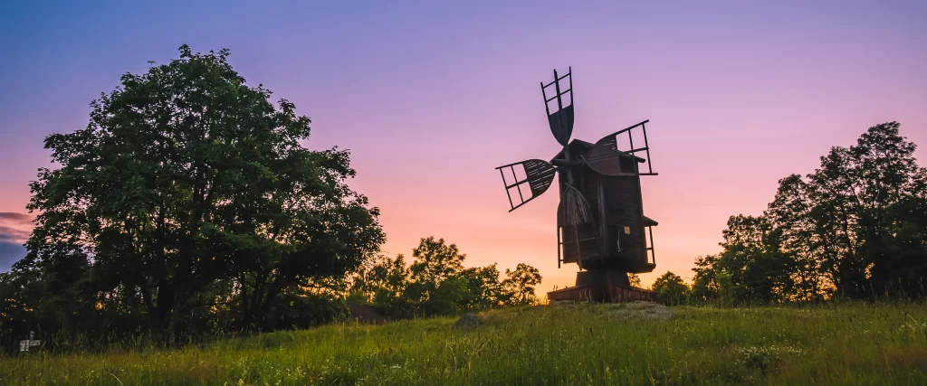 windmill, sunset, grass, trees, sky, silhouette