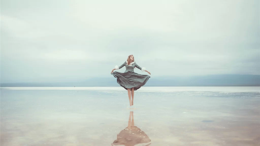 woman dress reflection water sky