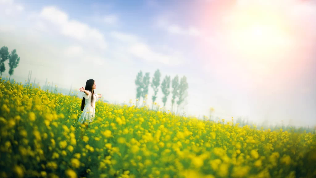 woman flowers field sun sky nature