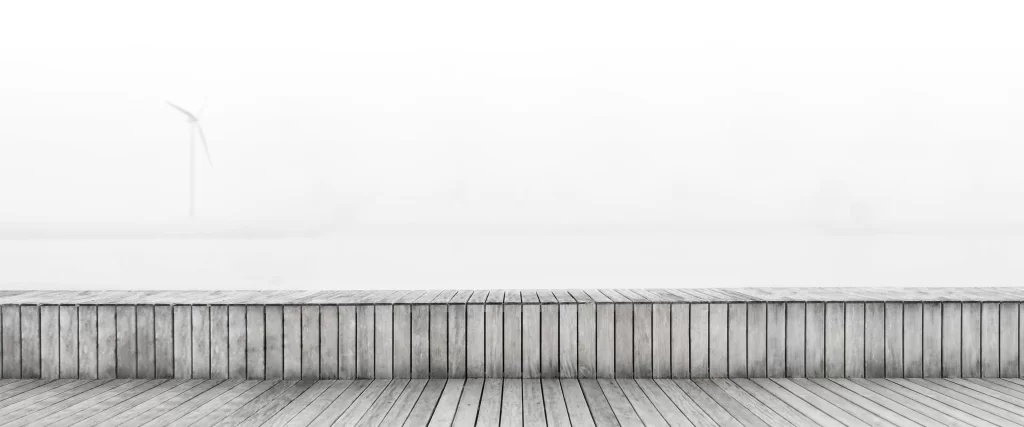 wooden deck, foggy, serene, minimalist, monochrome, tranquil