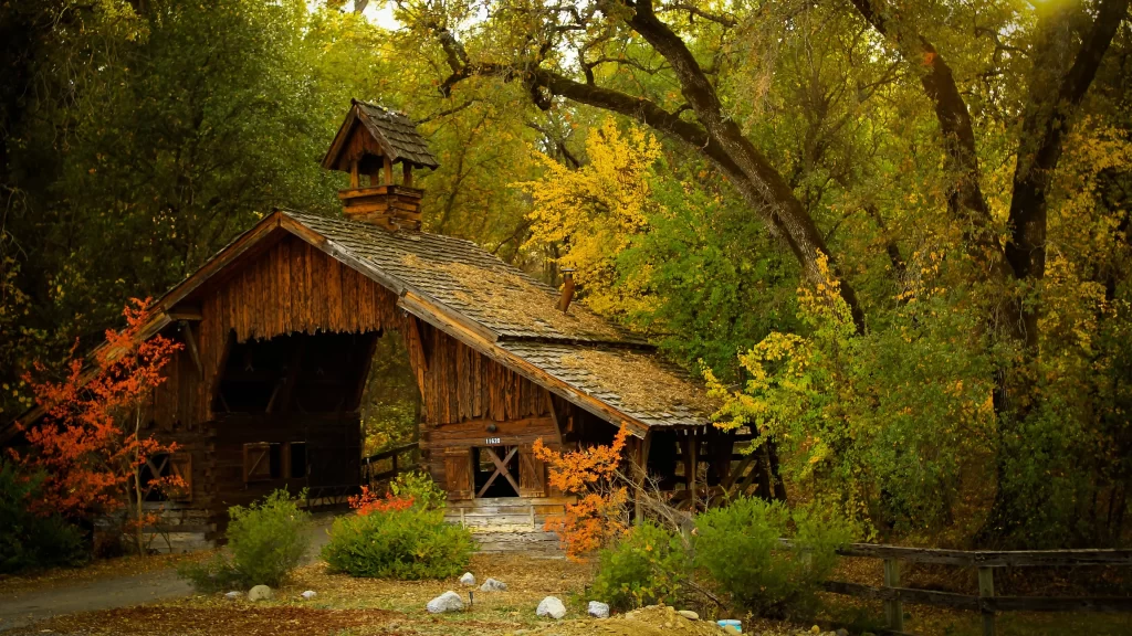 wooden house autumn leaves trees fence path natural scenery
