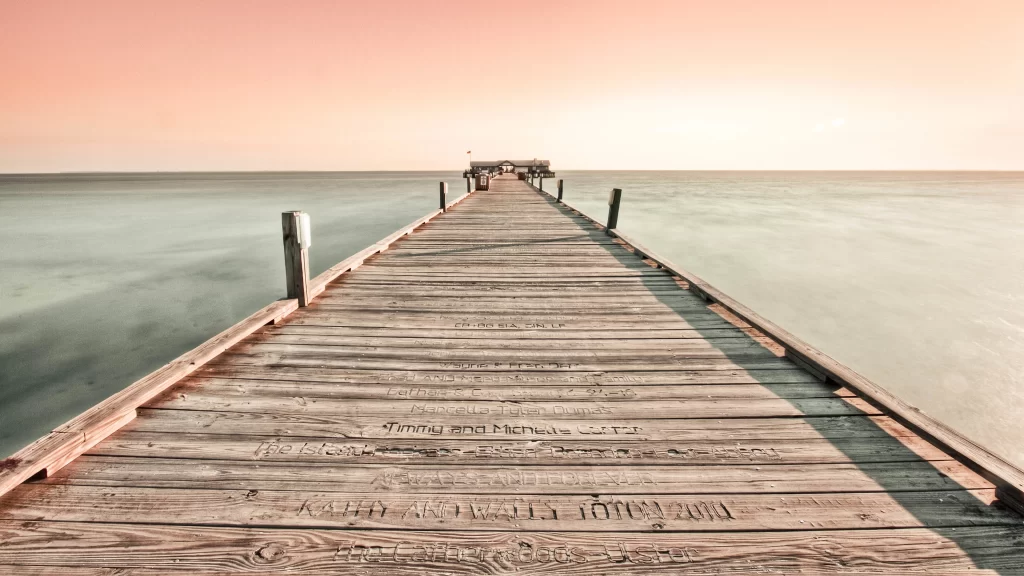 wooden pier, ocean, sunset, names, horizon, serene