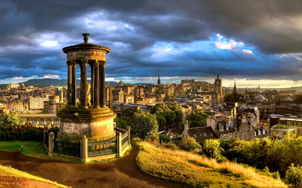 Historic Monument Cityscape Dramatic Sky Golden Light Urban Architecture