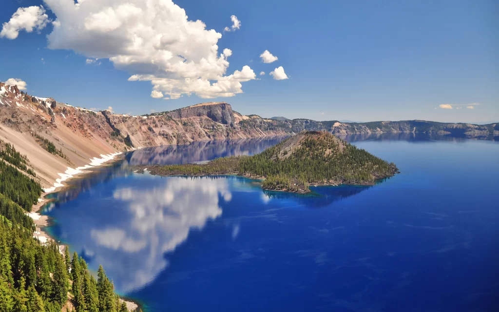 Lake Crater Island Forest Mountains Blue Sky Clouds