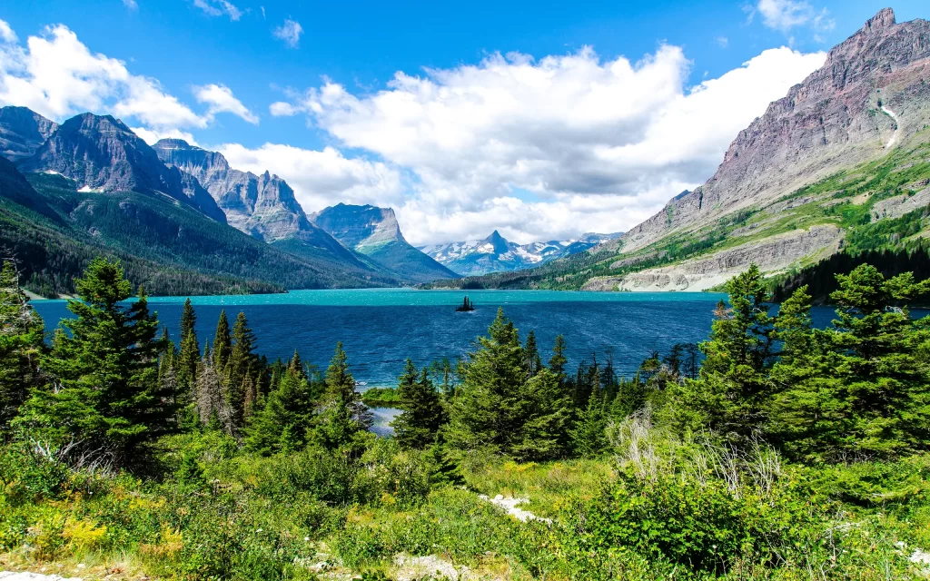 Lakeside Mountains Forest Trees Blue Sky Clouds