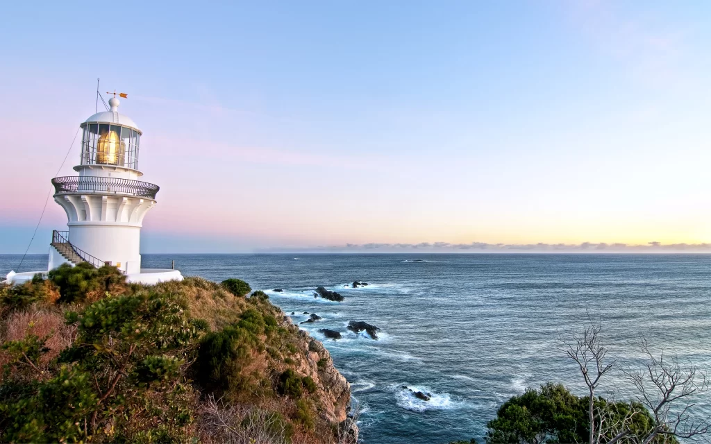 Lighthouse Ocean Cliffs Sunrise Sky Horizon