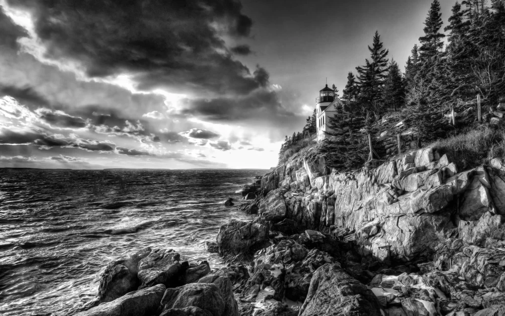 Lighthouse Rocky Coastline Trees Clouds Ocean