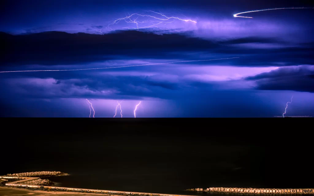 Lightning Thunderstorm Night Sky Ocean Waves
