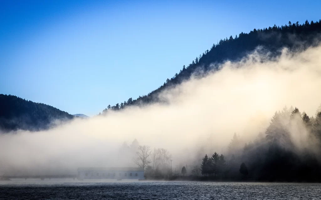 Misty Mountain Lake Trees Fog Blue Sky