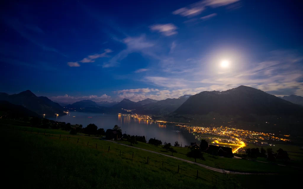 Moonlit Night Lake Mountains Town Lights Reflection