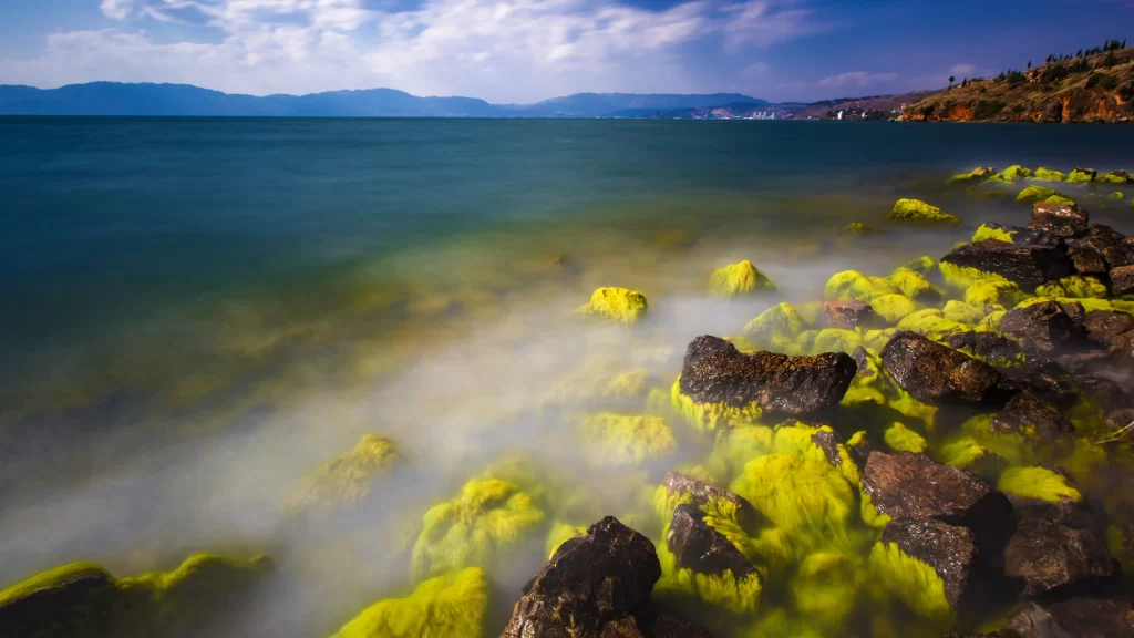 Mossy Rocks Ocean Waves Blue Sky Clouds Mountain Range
