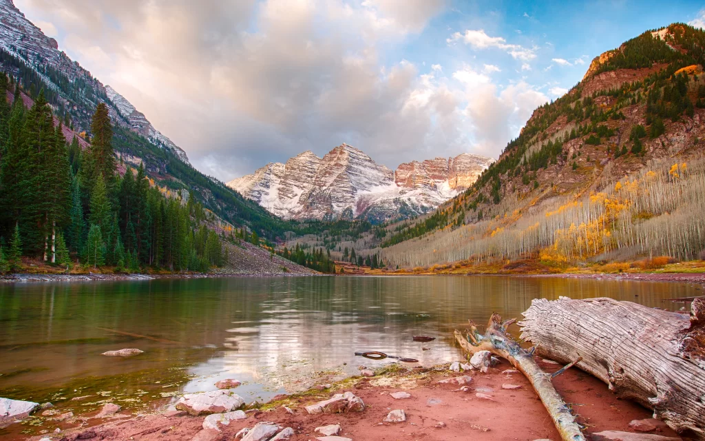 Mountain Lake Autumn Trees Reflection Snow