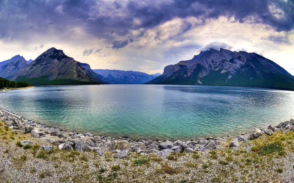 Mountain Lake Clear Water Rocky Shoreline Cloudy Sky
