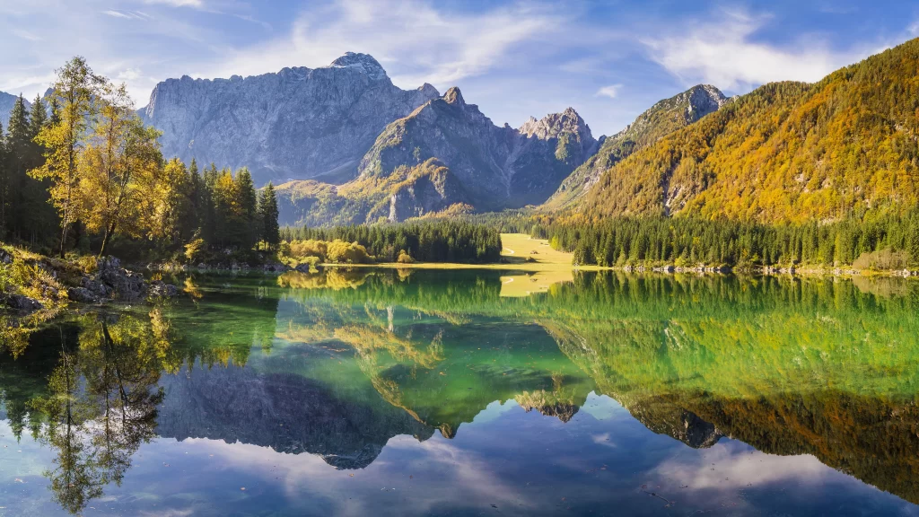 Mountain Lake Reflection Autumn Trees Clear Sky