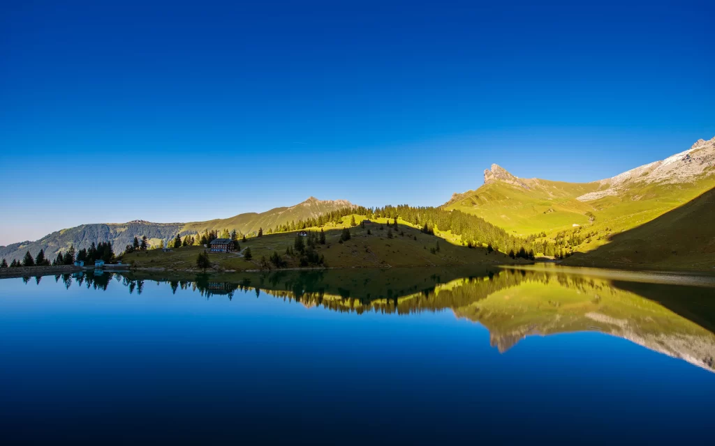 Mountain Lake Reflection Clear Sky Green Hills Blue Water