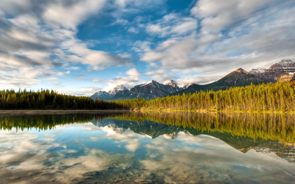 Mountain Lake Reflection Forest Clouds