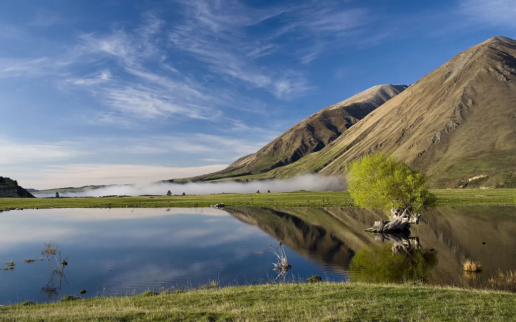 Mountain Lake Reflection Green Grass Blue Sky