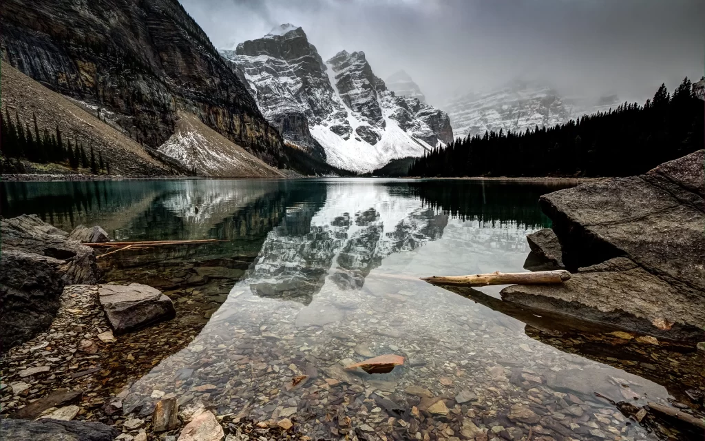 Mountain Lake Reflection Snow Peaks Forest Rocks