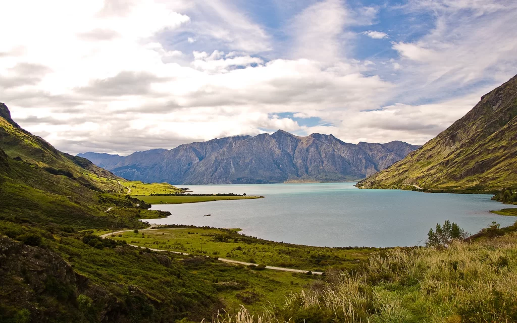Mountain Lake Valley Greenery Clouds Sky